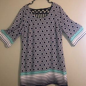 Navy, white and aqua dress. geometric pattern.